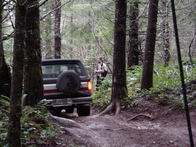 Dark SUV with spare tire on rear door, red stripe on tailgate, driving on dirt path in forest