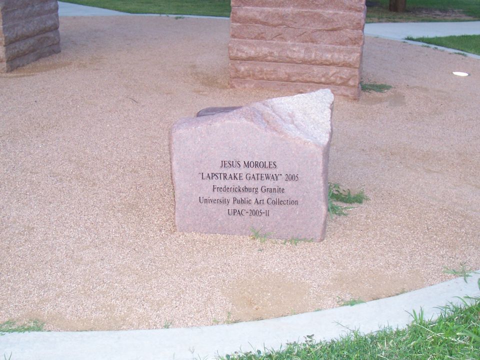 Stone sculpture with text 'Jesus Moroles Lapstrake Gateway 2005'