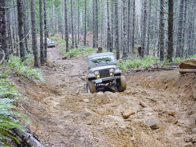 Gray 1995 Jeep Wrangler navigating a muddy trail in a forest. Another vehicle is visible further up the path