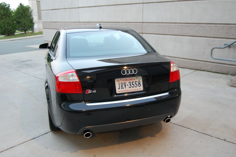 Black Audi S4 sedan, rear view, Virginia license plate JRV-3558