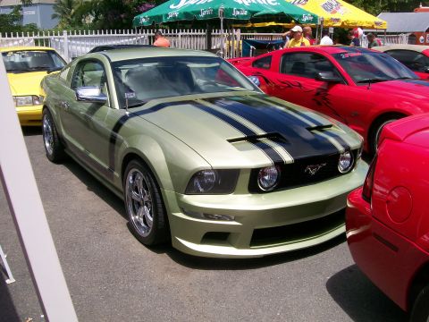 2001 Ford Mustang - A light green Ford Mustang with black racing stripes is parked at an outdoor event with other vehicles.