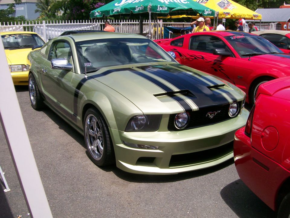 Light green Ford Mustang with black racing stripes on the hood and sides, chrome wheels, parked outdoors