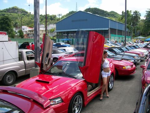 2001 Ford Mustang - A red sports car with its doors open is parked in a lot with other vehicles and a woman standing nearby.