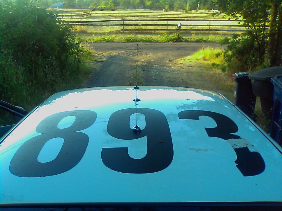 Car roof with numbers 893 painted on it, antenna in middle. Rural background with fence and trees