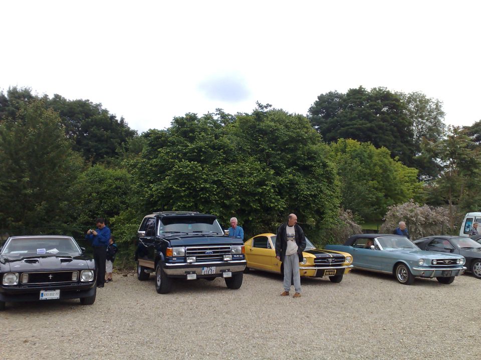 Several classic cars parked on gravel lot with trees in background. A dark coupe, a blue SUV, a yellow coupe, and a light blue convertible are visible