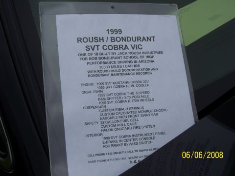 2008 Ford Crown Victoria - A document lists the specifications and history of a 1999 Roush/Bondurant SVT Cobra Vic.