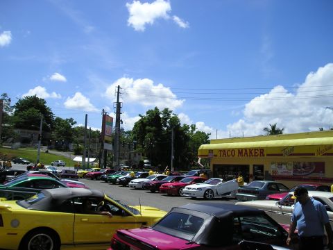 2001 Ford Mustang - A collection of Ford Mustangs gathered outside a Taco Maker restaurant on a sunny day.