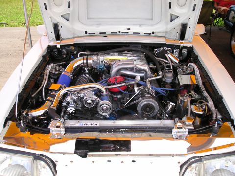 2001 Ford Mustang - Customized engine bay with polished components and vibrant blue hoses.