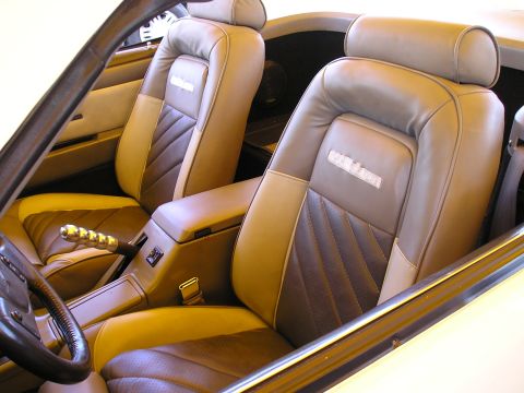 2001 Ford Mustang - The interior of a car features two-tone leather seats with embroidered logos and a distinctive chrome gear shifter.