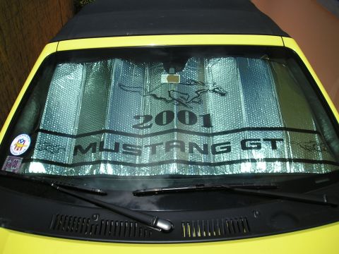 2001 Ford Mustang - A sunshade for a 2001 Mustang GT is visible through the windshield of a yellow convertible.