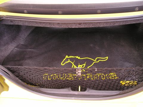 2001 Ford Mustang - The trunk interior features a yellow Mustang horse logo and "MUSTANG" text on the cargo net.