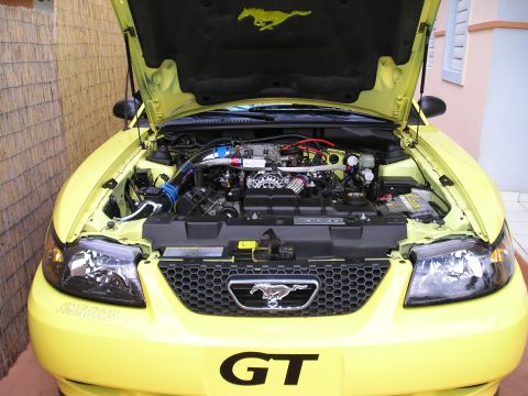 2001 Ford Mustang - The engine bay of a yellow Ford Mustang GT is displayed with the hood open, revealing the engine and custom modifications.