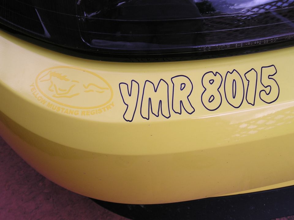 Yellow car bumper with 'YMR 8015' and 'Yellow Mustang Registry' stickers