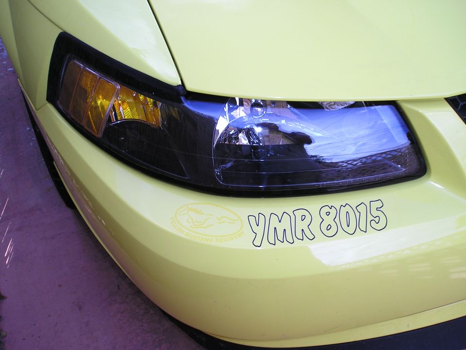 Yellow 2001 Ford Mustang front corner with headlight and YMR 8015 sticker
