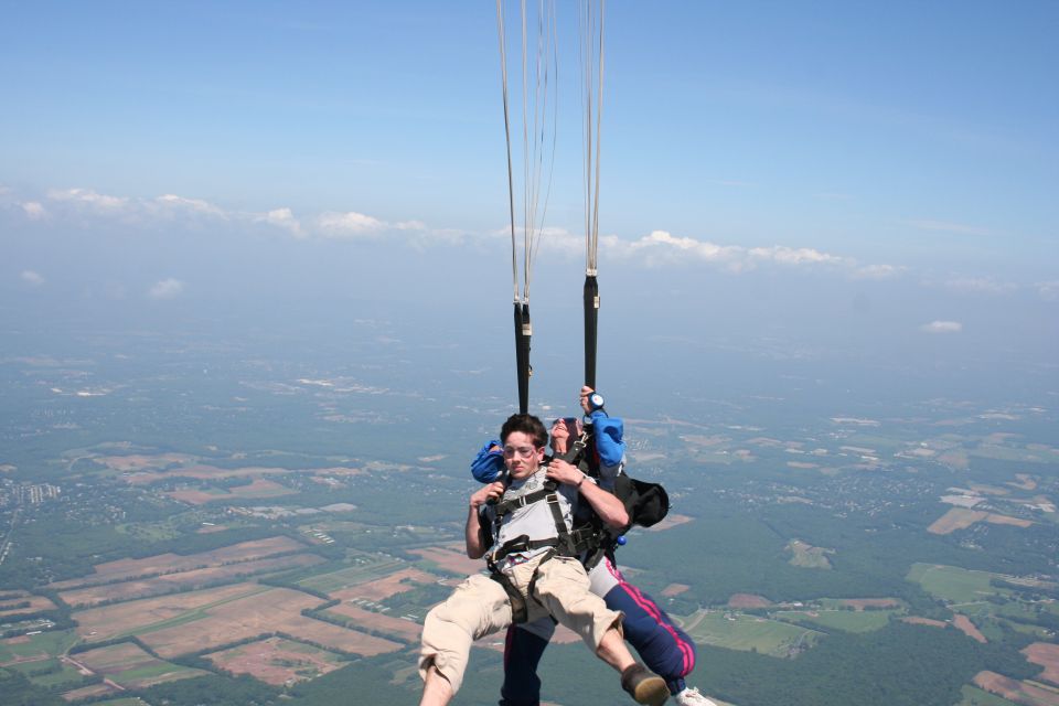 Tandem skydivers descending over a rural landscape