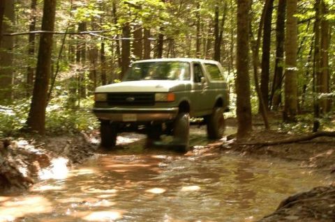 1987 Ford Bronco - A 1987 Ford Bronco navigates a water-filled path in a dense forest.