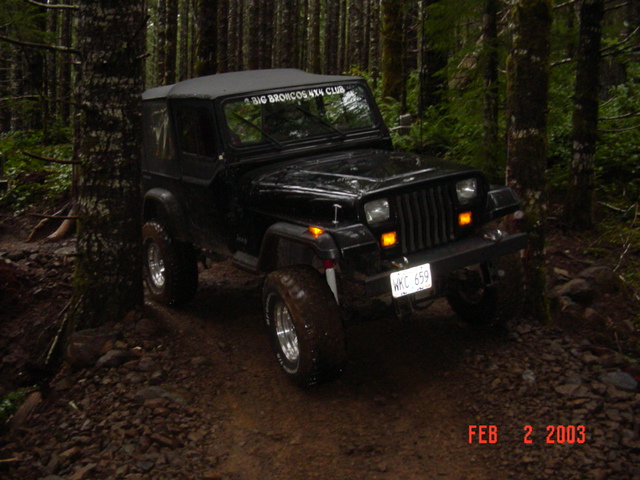 Black Jeep Wrangler on a dirt path in a forest, with a sticker on the windshield reading 'BIG BRONCOS 4X4 CLUB'