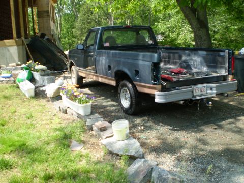 1995 Ford F-150 - This 1995 Ford F-150 pickup truck is seen from the rear, a dark blue body with a tan stripe and a visible license plate.