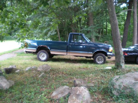 1995 Ford F-150 - Side view of a dark blue 1995 Ford F-150 pickup truck with tan trim.