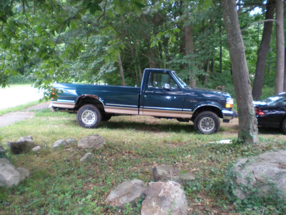 1995 Ford F-150 pickup truck parked on grassy area with trees