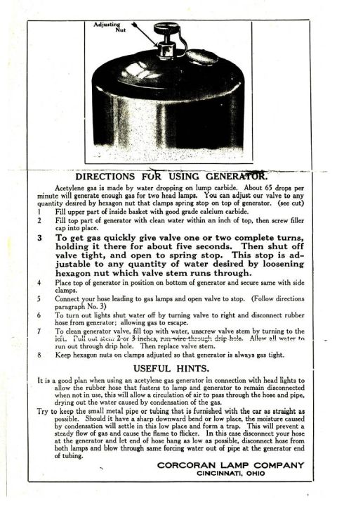 1913 Ford Model T - Acetylene Generator instructions, Corcoran.