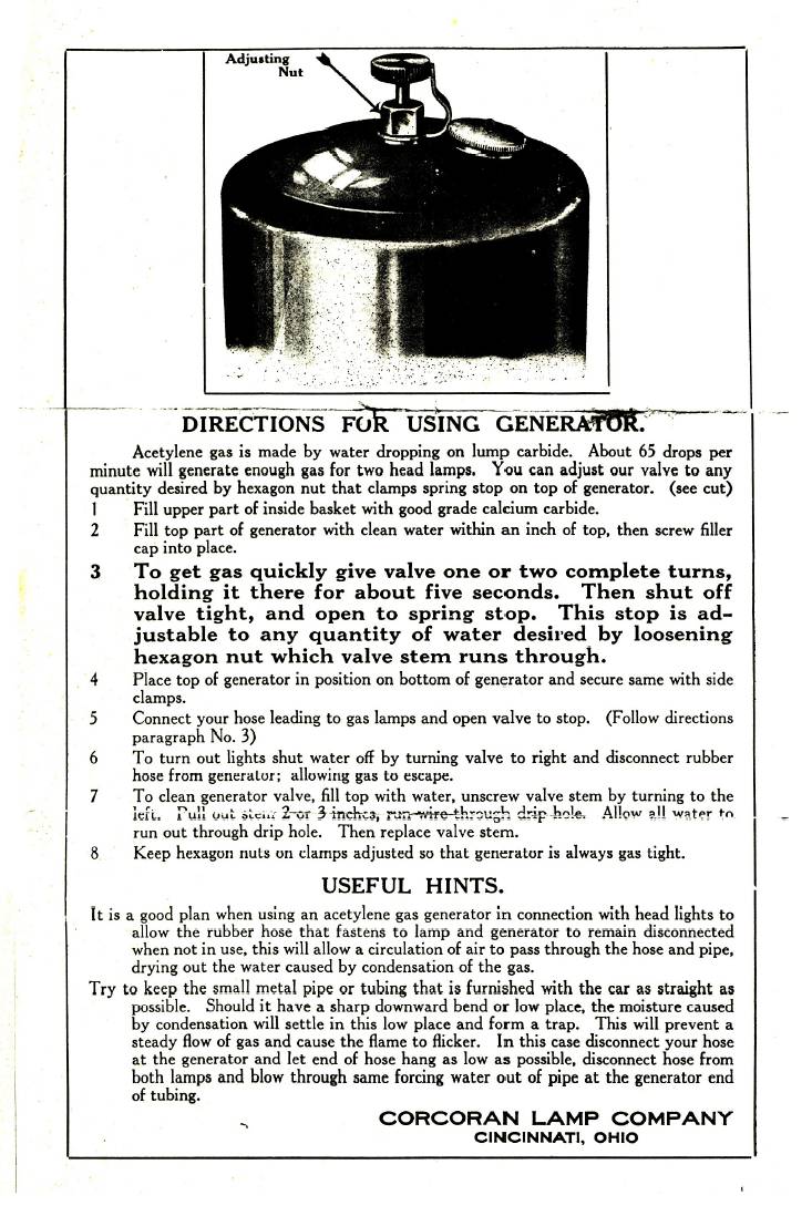Acetylene Generator instructions, Corcoran.