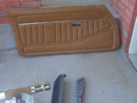1979 Chevrolet Camaro - Tan vinyl door panel with chrome trim strip, possibly for a classic car, shown on concrete.