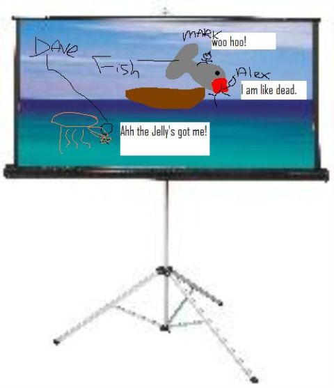1971 Ford Bronco - A projector screen displays a cartoon scene with text, mounted on a tripod stand.