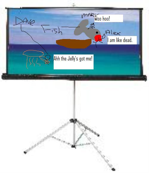Projector screen displays a drawing of a jellyfish, fish, and people with speech bubbles