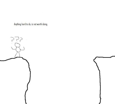 1971 Ford Bronco - A stick figure contemplates a cliff edge, with a quote about the difficulty of tasks.