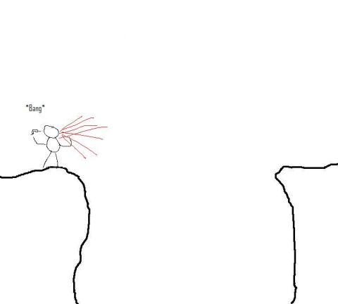 1971 Ford Bronco - Stick figure on a cliff fires a weapon, indicated by "*Bang*" and red lines.