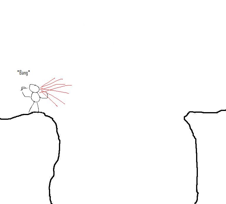 Stick figure on cliff edge firing a gun, with "*Bang*" text. Supermotors.net logo in corner