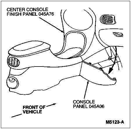 1997 Ford Taurus - Service illustration identifying the center console finish panel 045A76 and console panel 045A06.