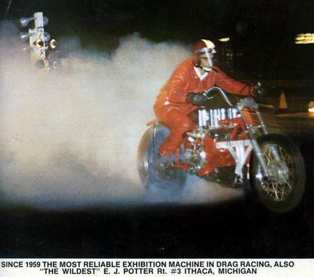 1972 Ford Ranchero - A drag racer in a red suit on a motorcycle, performing during an exhibition event, with text indicating it is the most reliable exhibition…