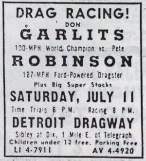 1972 Ford Ranchero - Advertisement for a drag racing event at Detroit Dragway on Saturday, July 11.