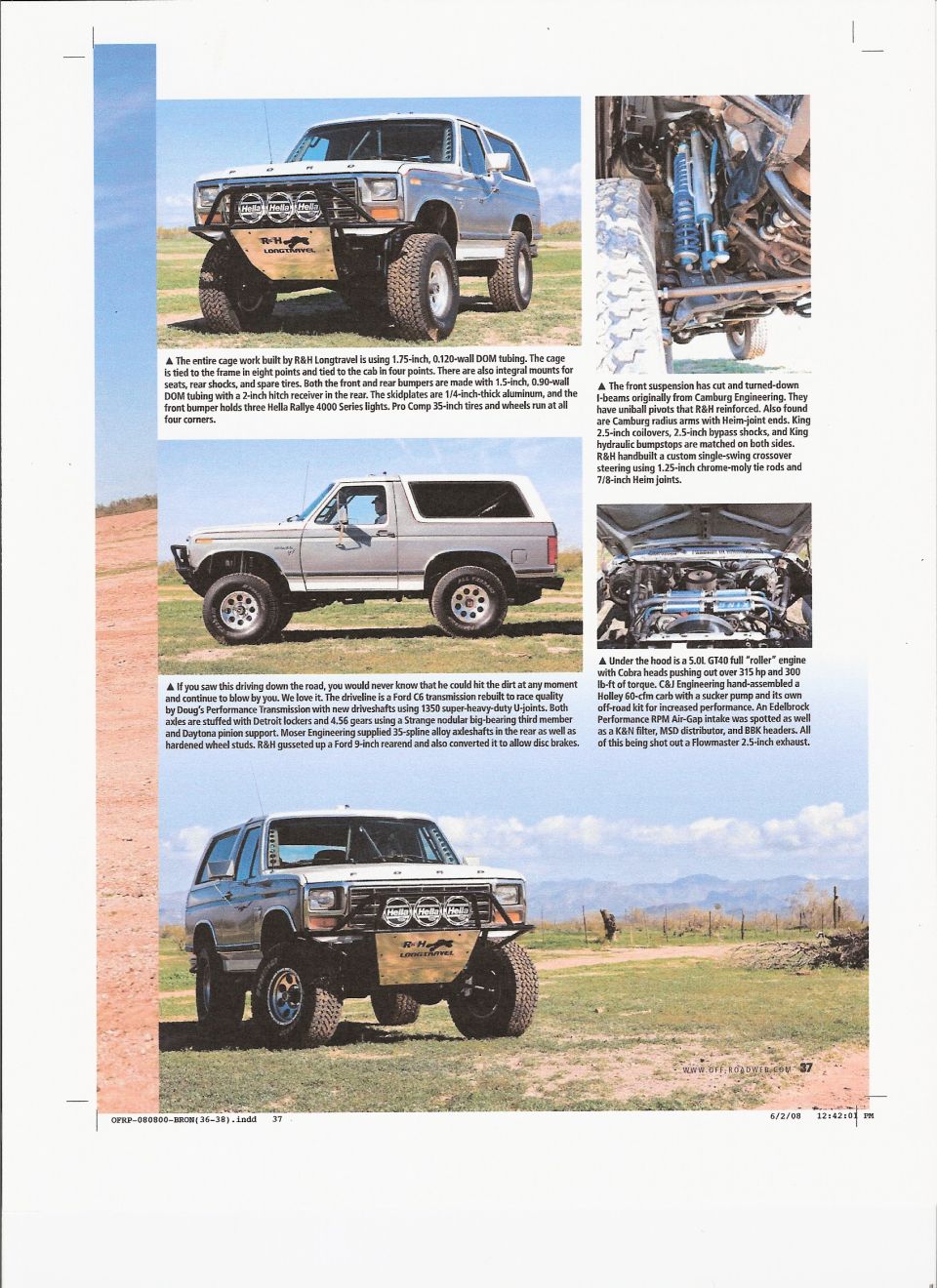 Modified Ford Bronco with large tires and custom bumper, side profile of another modified Bronco, and engine bay view