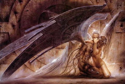 1995 Ford Bronco - Fantasy art shows two winged figures in a close, emotional embrace against a textured background.