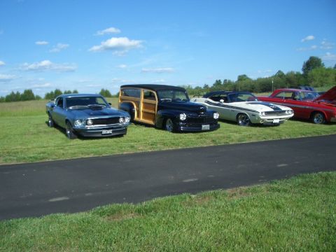 1970 Ford Mustang - Several classic cars are lined up on a grassy field under a blue sky with scattered clouds.