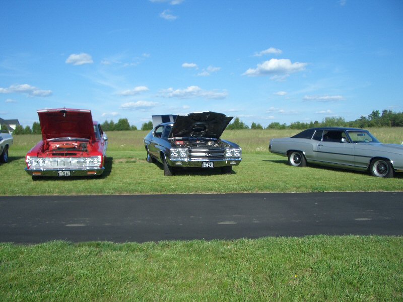 Three cars parked on grass, two with hoods open. The car on the right is a silver coupe with a black roof