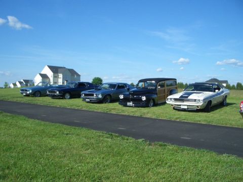 1970 Ford Mustang - Several classic cars are lined up on a grassy field under a blue sky.