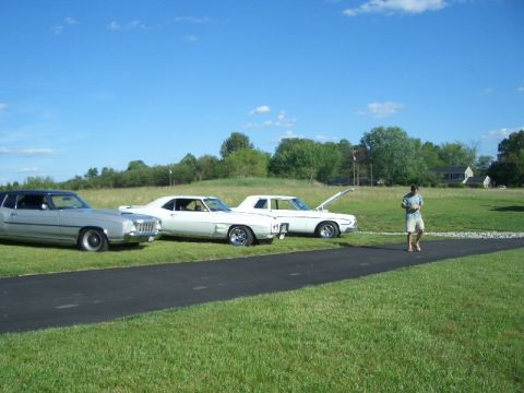 1970 Ford Mustang - Three classic cars are parked on the grass with a man standing nearby.