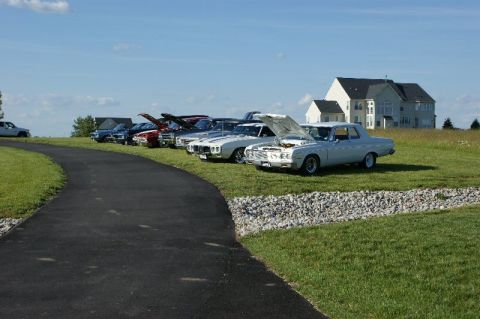 1970 Ford Mustang - A collection of vintage automobiles are displayed on a grassy field under a clear blue sky.