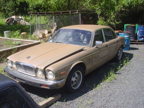 1979 Ford Bronco - This tan sedan, possibly a Jaguar XJ, is parked outdoors with its hood slightly open.