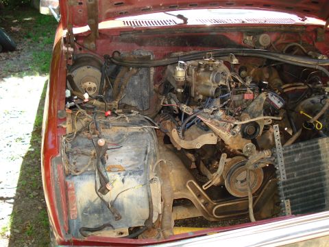 1989 Ford Bronco - The engine bay of a red Ford Bronco is shown with the hood open. The engine is partially disassembled, with various hoses, wires, and engin…