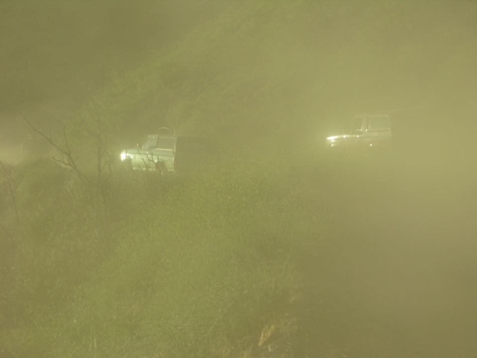 Two SUVs driving through a dusty, overgrown landscape.