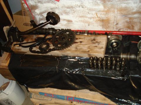 1989 Ford Bronco - A collection of engine parts, including camshafts, lifters, pushrods, and a timing chain, are laid out on a wooden block and black plastic…