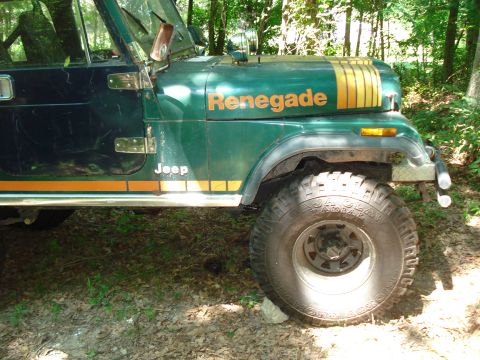 1989 Ford Bronco - The side view of a green Jeep Renegade with orange and yellow stripes on the hood and side. The vehicle is parked on a dirt path in a woode…