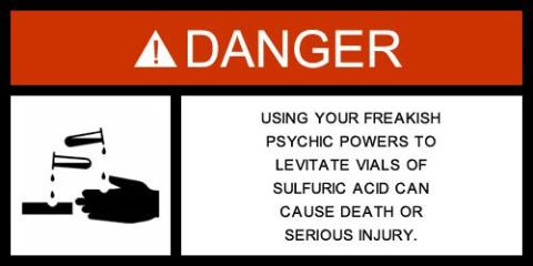 1991 Ford Bronco - A danger sign warns about the risks of using psychic powers to levitate vials of sulfuric acid, stating it can cause death or serious injur…