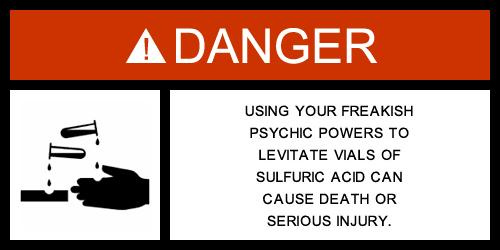 Danger sign about levitating sulfuric acid vials