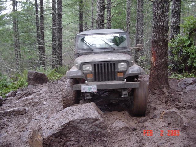 Jeep Wrangler navigating a steep, muddy, rocky trail in a forest. License plate reads WYO 659